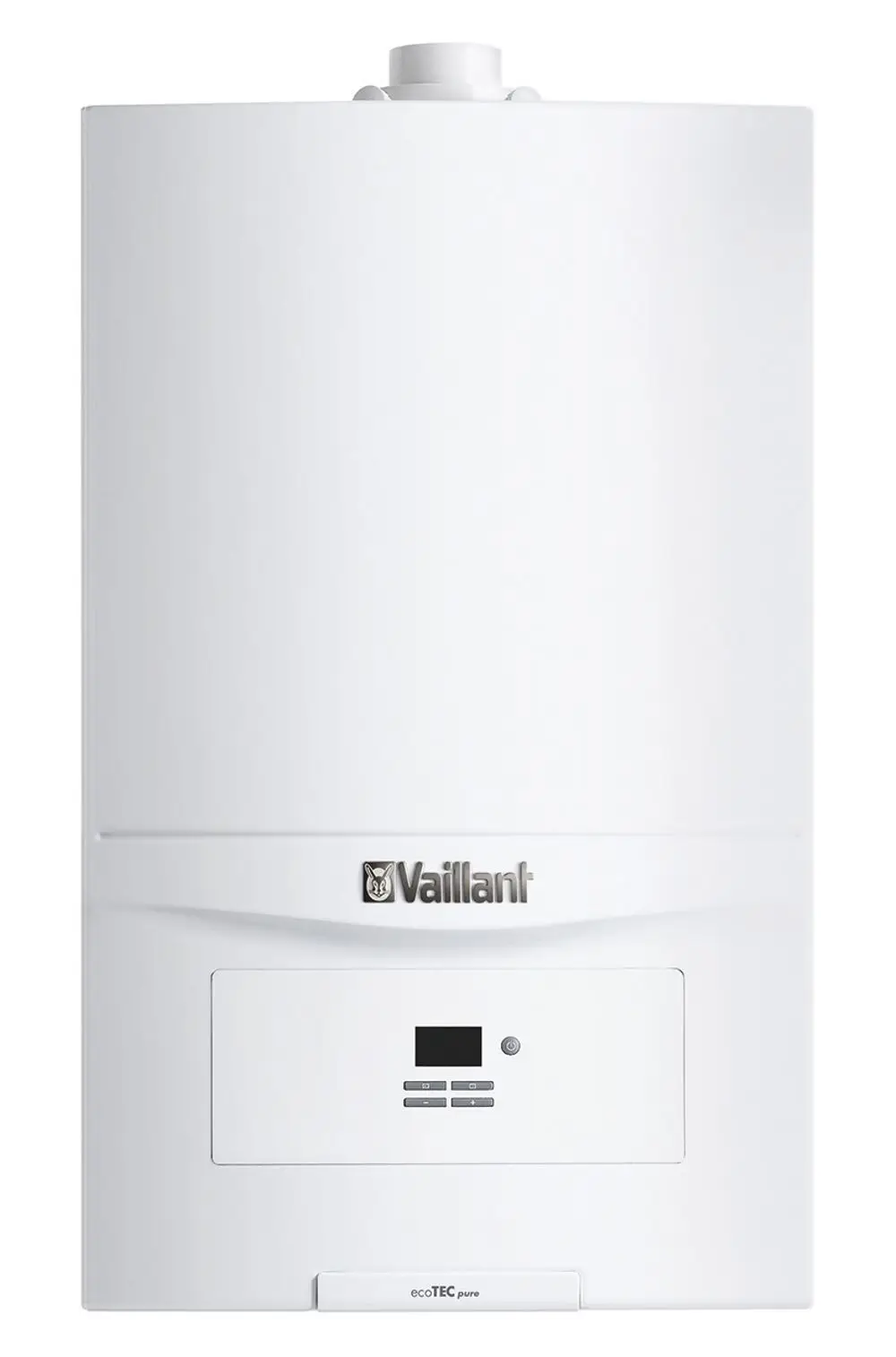 Wandhängender weißer Vaillant Heizkessel mit Bedienfeld und digitalen Steuerelementen, zur effizienten Warmwasserbereitung und Heizungsunterstützung.